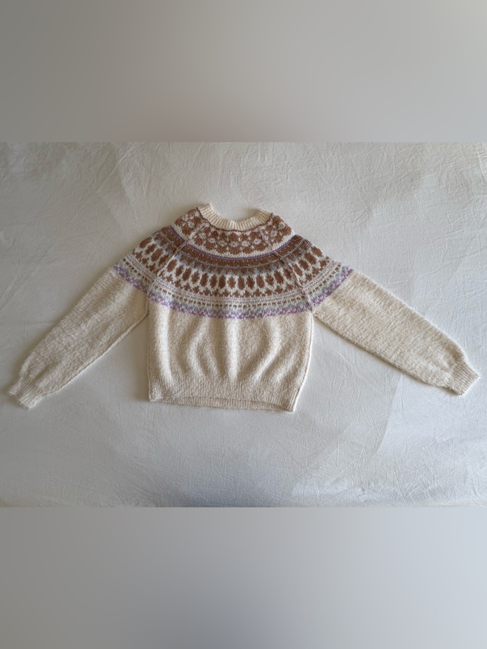 Willow & Wind Fair Isle Yoke Fuzzy Knit Sweater- Cream/Brown/Purple (Size M)